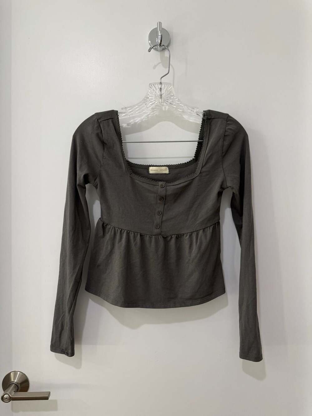 Frankee & Skylarr Long Sleeve Button Front Square Neck Babydoll Top Grey XS